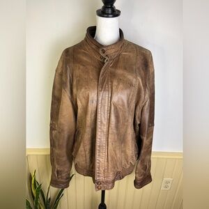 Vintage 1980s Timberwear Brown Leather Bomber Jacket Distressed Patina Classic